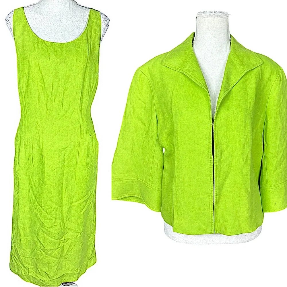 LAFAYETTE 148 NEW YORK: Green Sleeveless Midi Linen Dress &  Blazer Set -size 14